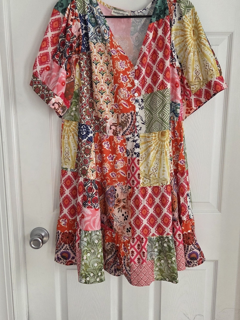 Rusty Patchwork V-Neck Mini Dress in Pink, Orange, Green, Yellow